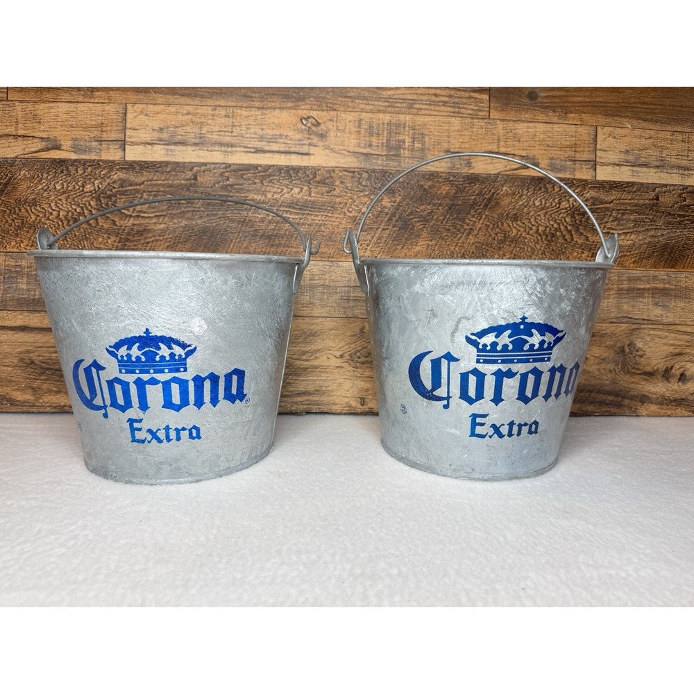 Lot Of 2 Corona Extra Beer Ice Bucket 5 Qt Galvanized Metal Party Bucket Vintage